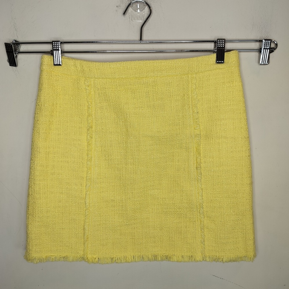 Kenar Yellow Tweed Mini Skirt Fringe Side Zip
